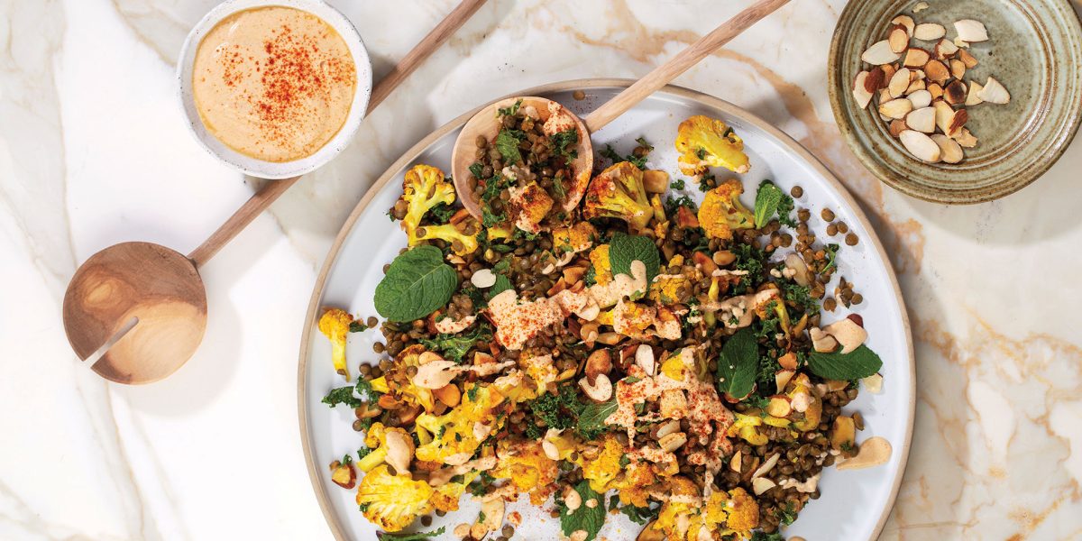 M2woman.com - Recipe: Spiced Roast Cauliflower, Green Lentils & Toasted Almonds with Smoky Yoghurt