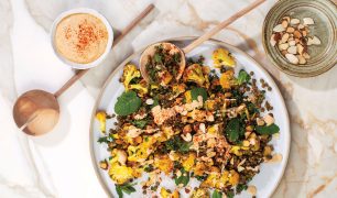 M2woman.com - Recipe: Spiced Roast Cauliflower, Green Lentils & Toasted Almonds with Smoky Yoghurt