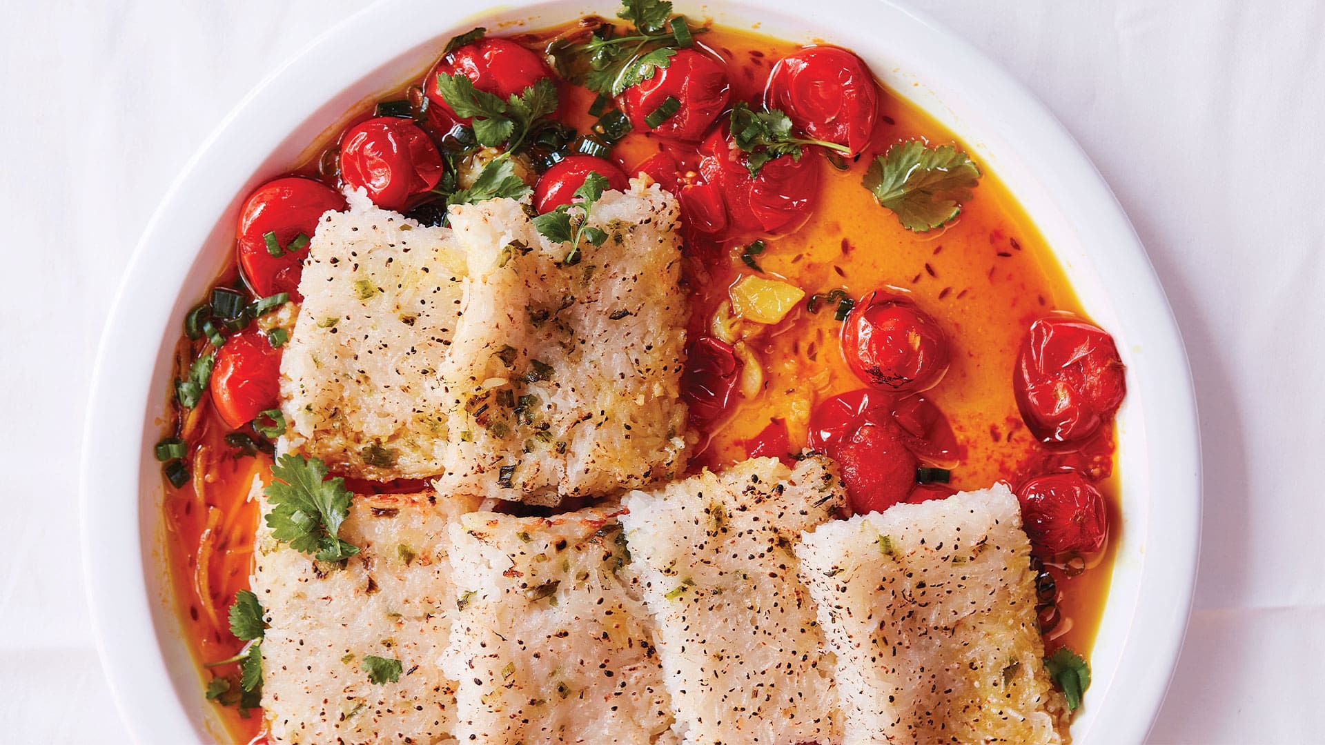 Recipe Sticky Coconut Rice Cake with Turmeric Tomatoes M2woman